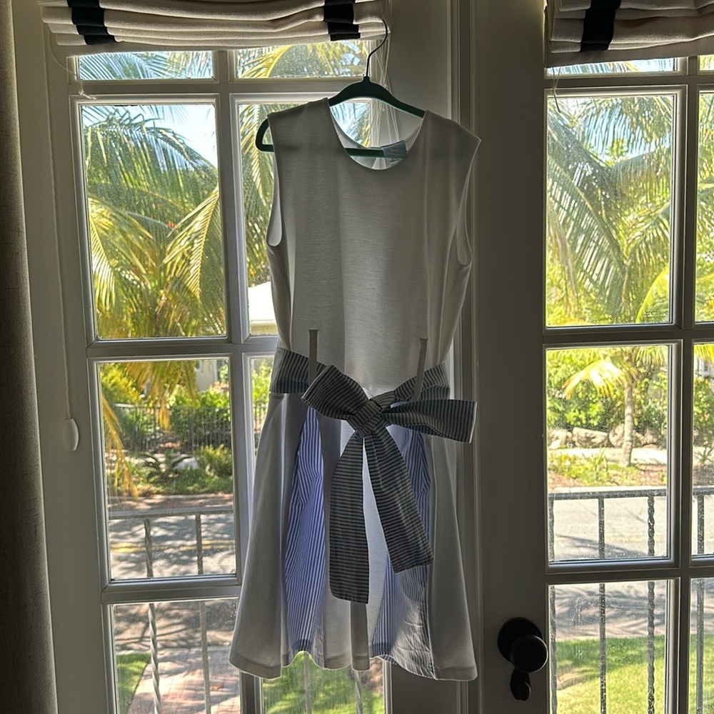 White pique Bella bliss with attached blue and white sash